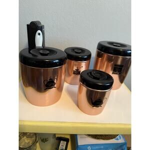 Vintage West Bend Canister Set Of 4 Copper Colored With Black Lids Usa Made ￼￼